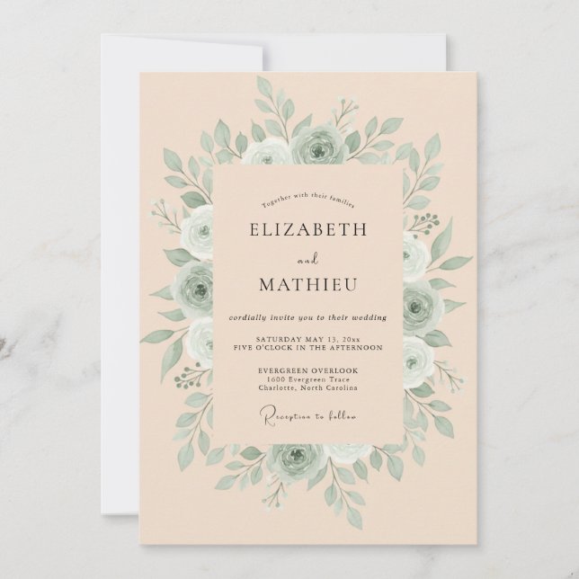 Invitation Mariage Bohème Champêtre Vert Sauge (Devant)