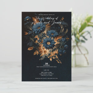Invitation Mariage Bohème Chic Bleu Nuit et Or Rouillé