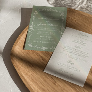Invitation Mariage Bohème Chic Fleurs Vert Sauge Tout En Un