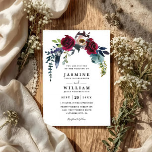 Invitation Mariage Bohème Chic Navy Burgundy Floral QR Code
