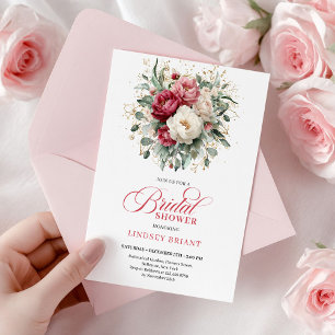 Invitation Mariage Bohème Classique Rouge Blanc Floral Or
