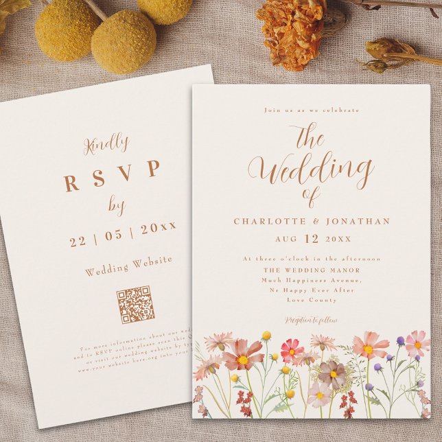 Invitation Mariage Bohème d'Automne aux Fleurs Sauvages (Boho fall wildflower meadow burnt Orange terracotta wedding elegant script )