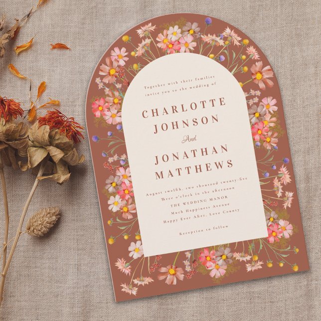 Invitation Mariage Bohème d'Automne aux Fleurs Sauvages (Boho rustic wildflower arch fall wedding invitation elegant modern burnt orange terracotta  beige )