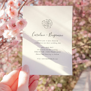 Invitation Mariage Bohème Dessin Floral Noir Ivoire Minimalis