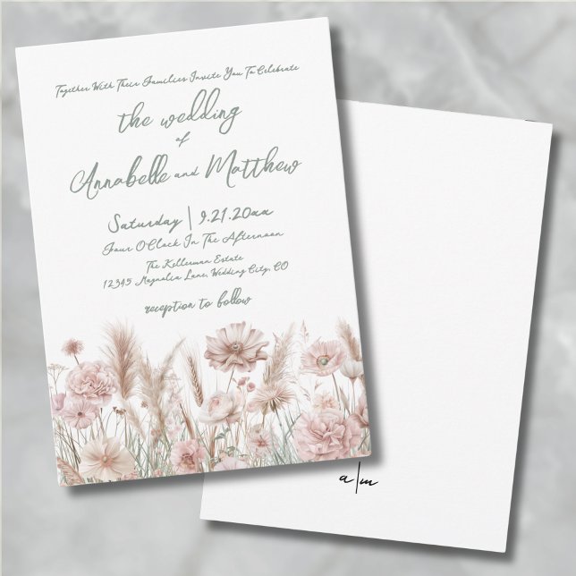 Invitation Mariage Bohème Fleur Sauvage Rose Rougeâtre (Blush Pink Botanical Wildflowers Boho Wedding Invitation)