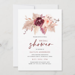 Invitation Mariage Bohème Fleurs de Bourgogne Or Rose Pampas