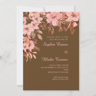Invitation Mariage Bohème Fleurs Roses Automne Brun Foncé