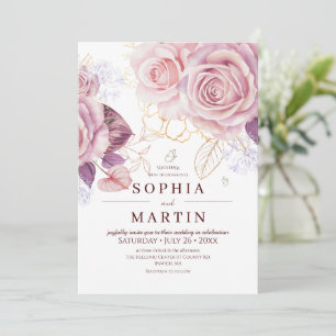 Invitation Mariage Bohème Fleurs Roses et Teinte Rose Poussié