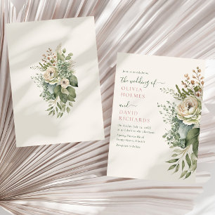 Invitation Mariage Bohème Fleurs sauvages Vert Sauge et Ivoir