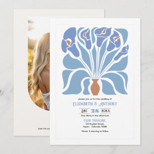 Invitation Mariage bohème floral abstrait abricot et bleu cie