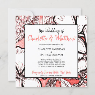 Invitation Mariage Bohème Floral Coral Blanc Dessin