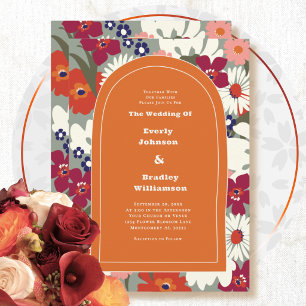 Invitation Mariage Bohème Floral Gras Orange Brûlé Rétro