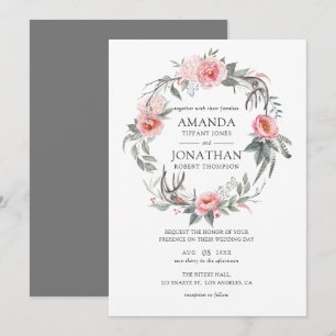 Invitation Mariage Bohème Floral Rose Pâle et Gris