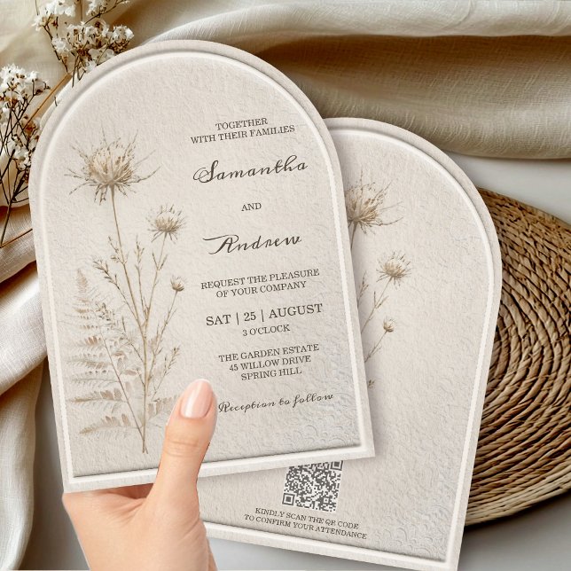 Invitation Mariage Bohème Ivory avec Arches de Pampas et QR C (Créateur téléchargé)