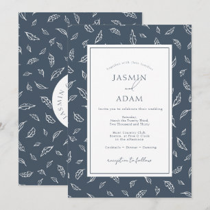 Invitation Mariage Bohème Monogramme Feuille Bleu Ardoise