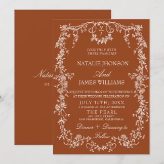Invitation Mariage Bohème Monogramme Orange Brûlé Floral