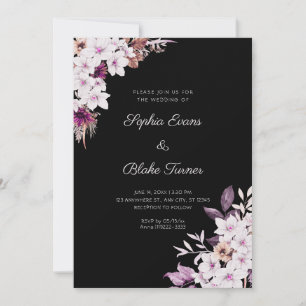 Invitation Mariage Bohème Noir Fleurs Blanches et Roses Rusti