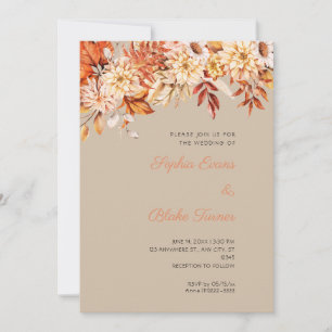 Invitation Mariage Bohème Orange Floral Hiver Vanille Foncé