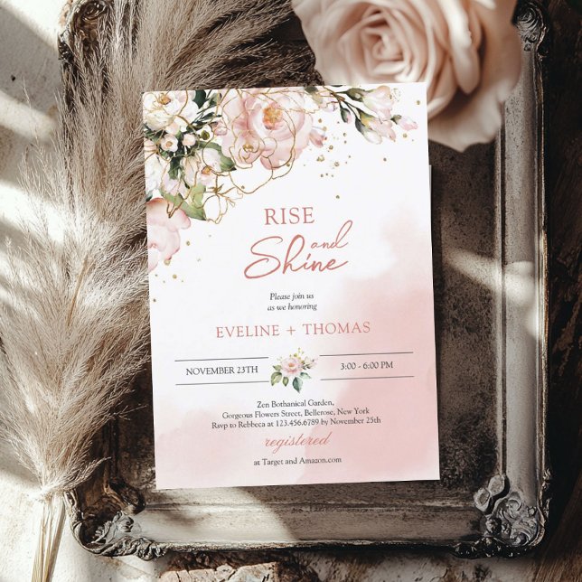 Invitation Mariage bohème rose poudré floral or levé et brill (Boho blush pink floral gold rise and shine wedding invitation)
