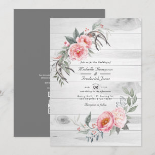 Invitation Mariage bohème rustique floral code QR rose et gri
