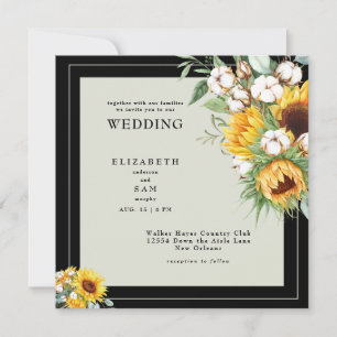 Invitation Mariage Bohème Tournesols & Coton Carré Noir