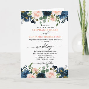 Invitation Mariage Bohème Tout en Un Rose Pâle et Bleu Marine