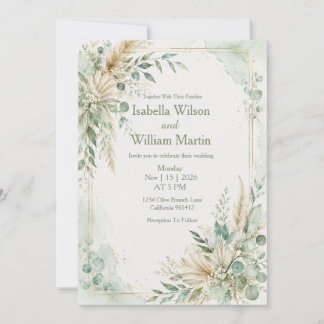 Invitation Mariage bohème vert menthe aquarelle
