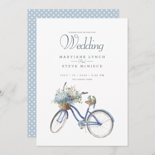 Invitation Mariage Bohemian Blue Bicycle Watercolor (Devant / Derrière)
