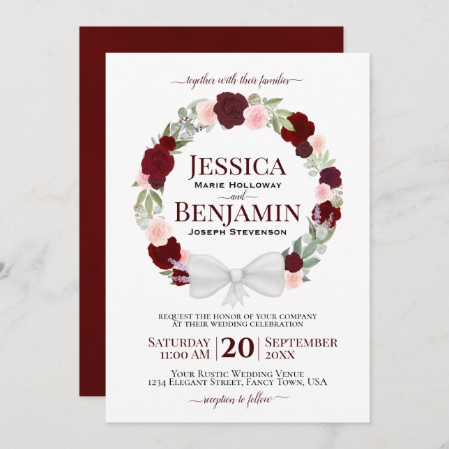 Invitation Mariage Boho à couronne florale rousse rustique de (Devant / Derrière)
