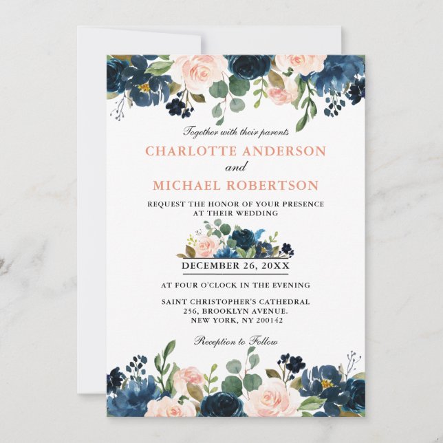 Invitation Mariage Boho bleu bleu bleu rose bleu marine (Devant)