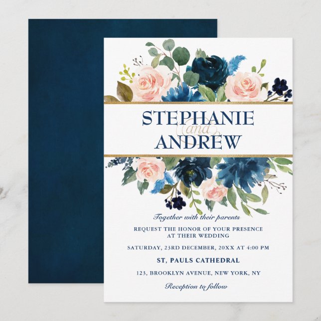 Invitation Mariage Boho bleu bleu bleu rose bleu marine (Devant / Derrière)