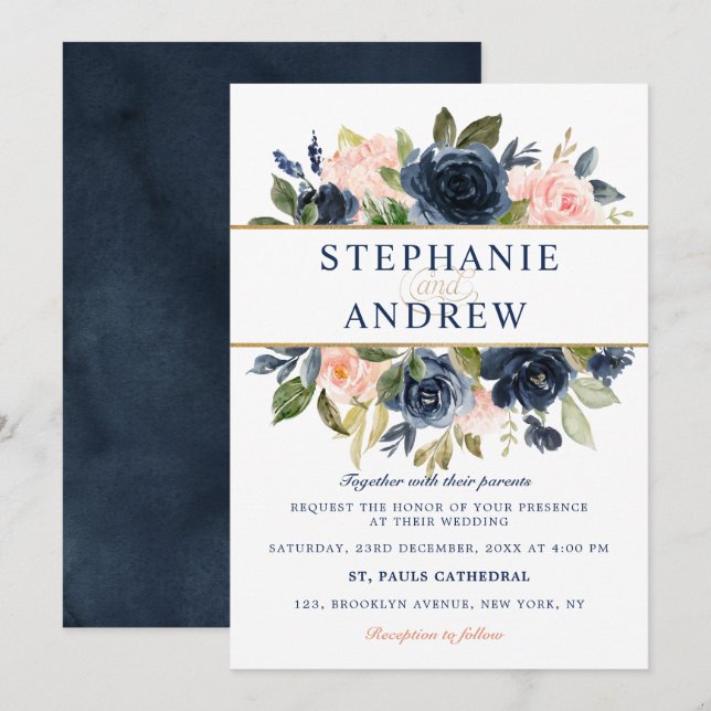 Invitation Mariage Boho bleu bleu bleu rose bleu marine (Devant / Derrière)