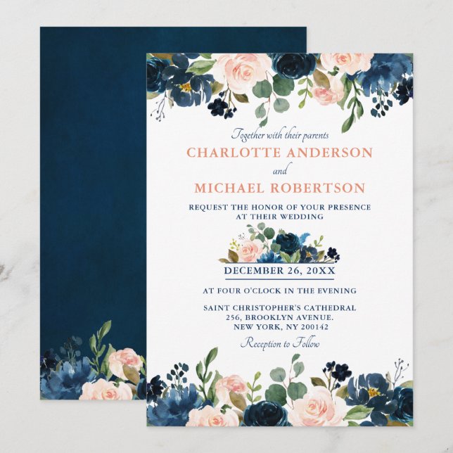 Invitation Mariage Boho bleu bleu bleu rose bleu marine (Devant / Derrière)