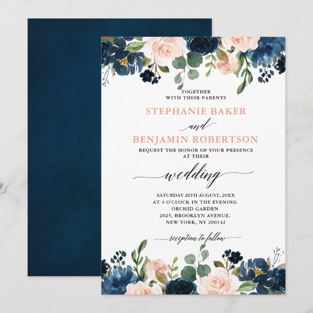 Invitation Mariage Boho bleu bleu bleu rose bleu marine (Devant / Derrière)