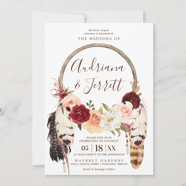 Invitation Mariage Boho Dreamcatcher de Blush & Peach Rose (Devant)