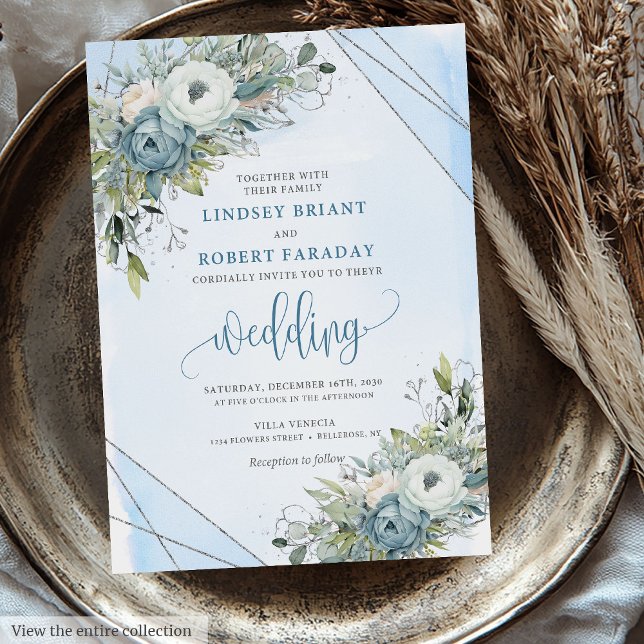 Invitation Mariage Boho Dusty Blue Silver Peonies (Luxury Boho Dusty Blue Silver Peonies Wedding Invitation)
