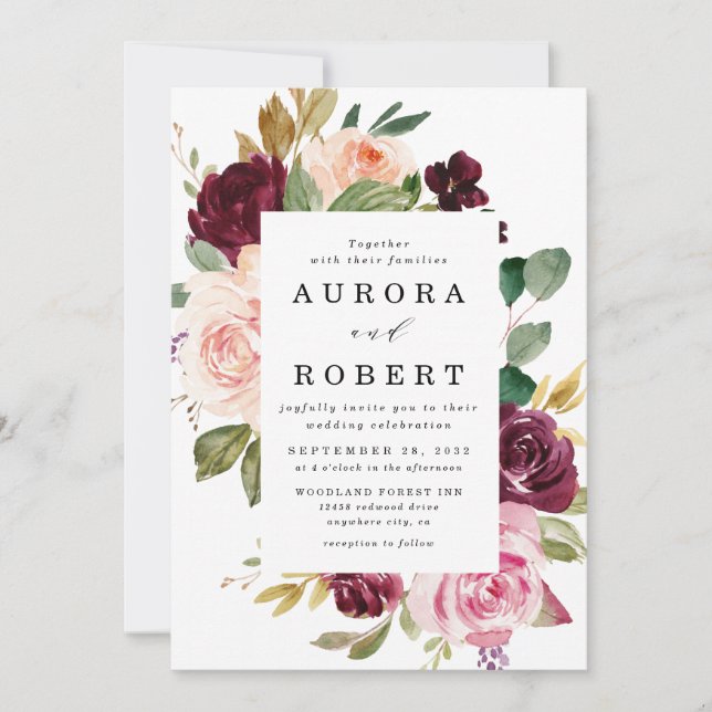 Invitation Mariage Boho Floral Bourgogne Rose Peach Or (Devant)