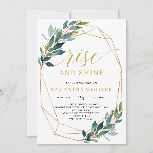 Invitation Mariage boho géométrique en or vert eucalyptus (Devant)
