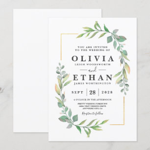 Invitation Mariage Boho Leaf, couleur or vert Elegant