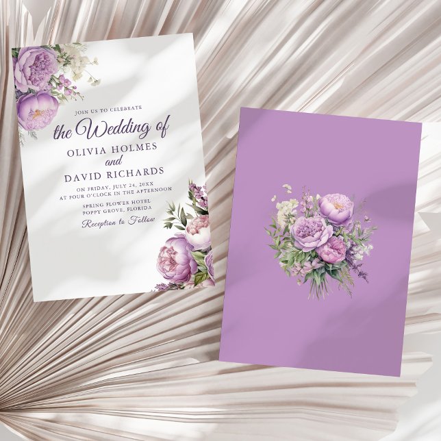 Invitation Mariage Boho Lilac Peonies (Boho Lilac Peonies Wedding Invitation on a neutral dry palm leaf.)