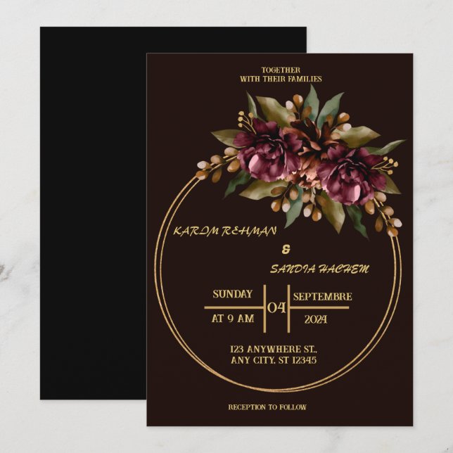 Invitation Mariage Boho moderne de la Bourgogne noire et de l (Devant / Derrière)