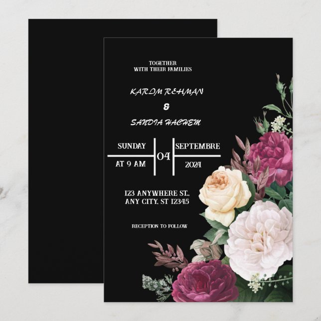 Invitation Mariage Boho moderne de la Bourgogne noire et de l (Devant / Derrière)