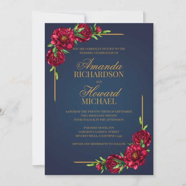 Invitation Mariage boho moderne marine et tourterelles rouges (Devant)