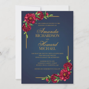 Invitation Mariage boho moderne marine et tourterelles rouges