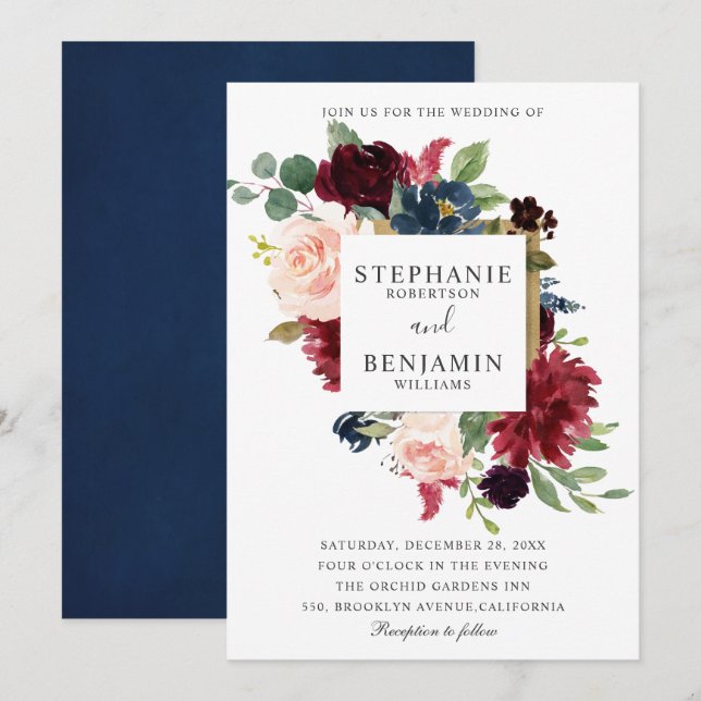 Invitation Mariage Boho Russe Floral de la Marine Rouge de Bo (Devant / Derrière)