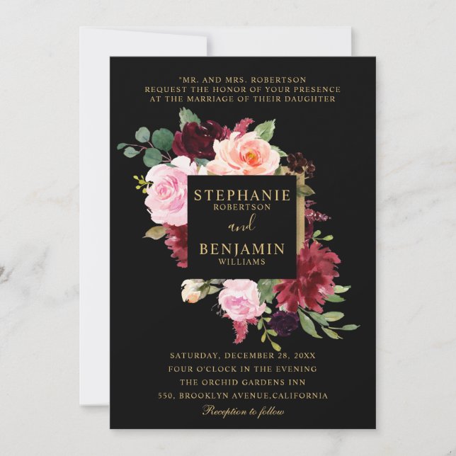 Invitation Mariage Boho Russe Floral de la Marine Rouge de Bo (Devant)