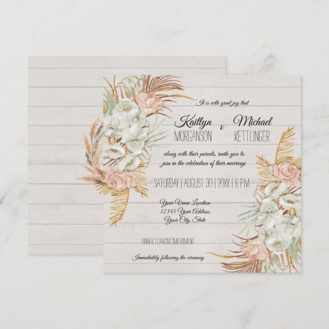 Invitation Mariage BOHO Rustic Floral Pampas Palm Foliage (Devant / Derrière)