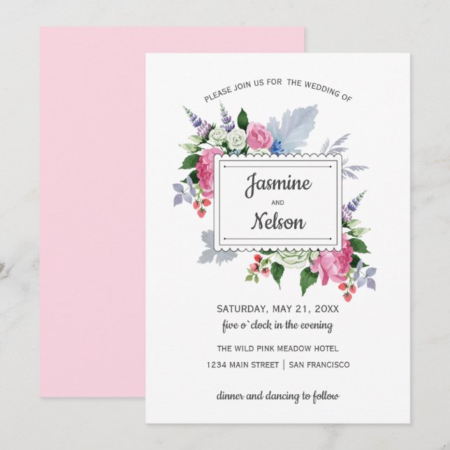 Invitation Mariage Boho Rustic Rose Lavande Blanche Fleurs (Devant / Derrière)