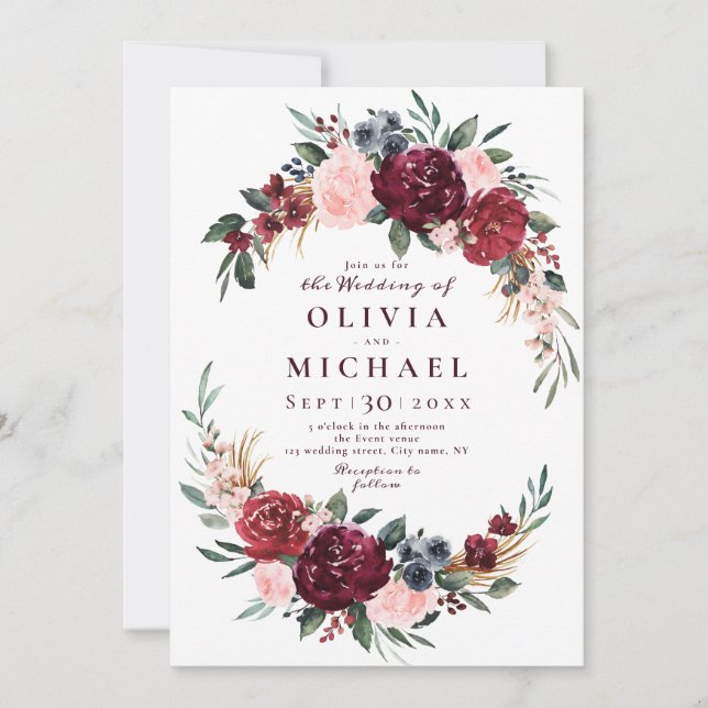 Invitation Mariage boho rustique bordeaux aquarelle (Devant)