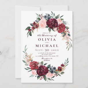 Invitation Mariage boho rustique bordeaux aquarelle